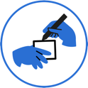 icone qui représente deux mains  bleues qui dessinent un rectangle, dans un cercle bleu, symbole de la construction de projets et de mise en place d'actions spécifiques