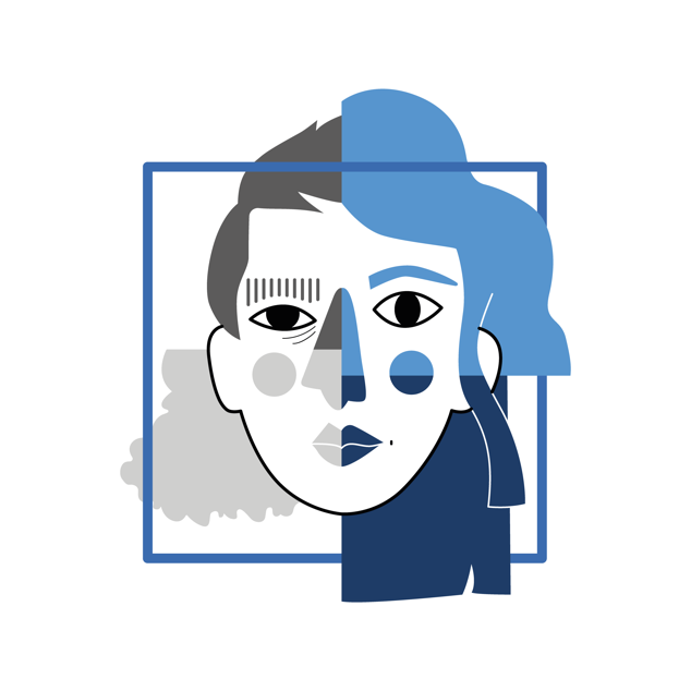 Illustration artistique représentant un visage composé de 4 visages dans un style abstrait et cubiste, utilisée pour sensibiliser sur les violences intrafamiliales et sexuelles faites aux femmes. L’image joue avec des formes géométriques et des couleurs bleues et grises pour évoquer la dualité, l’identité et la résilience face aux violences subies. Cette œuvre graphique symbolise le soutien et l’accompagnement des victimes.