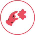 icone minimaliste qui représente une main rouge qui offre une piece de puzzle rouge, dans un cercle rouge, comme symbole de don soi et de compétences