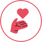 icone minimaliste qui représente une main rouge qui offre un coeur rouge, dans un cercle rouge, comme symbole de don