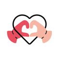 Icone de menu minimaliste : deux mains roses et rouges qui ensemble forment un coeur pour le bouton soutenir l'association