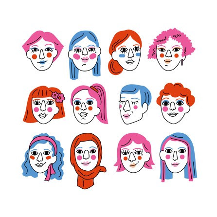 Illustration artistique représentant une diversité de visages de femmes dans un style graphique coloré. Cette image est utilisée dans le cadre d'une action de sensibilisation et de soutien aux mères en détresse psychologique liée à la maternité. Elle met en avant la prévention du burnout maternel, de la dépression post-partum et du risque suicidaire, en valorisant la diversité et la solidarité entre femmes. Ce visuel symbolise l’entraide et l’importance d’un accompagnement adapté aux mères en difficulté