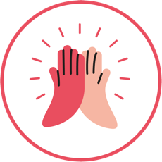 icone minimaliste qui représente deux mains une rouge et une rose qui se tape l'une dans l'autre amicalement, dans un cercle rouge, comme symbole de d'équipe