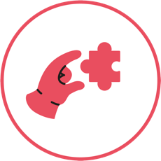 icone minimaliste qui représente une main rouge qui offre une piece de puzzle rouge, dans un cercle rouge, comme symbole de don soi et de compétences