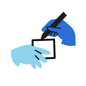 Icone de menu minimaliste : deux mains bleues qui dessinent un rectangle pour le bouton Nos actions