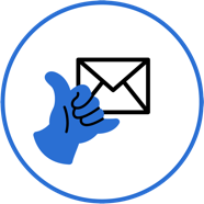 icone minimaliste qui représente une main bleue en forme de telephone et une enveloppe en tracé noir dans un cercle bleu, symbole de communication fluide