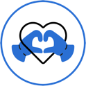 icone minimaliste qui représente deux mains  bleues qui forme un coeur, dans un cercle bleu, symbole du don de soi et de l'entre-aide solidaire