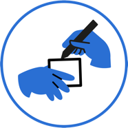 icone qui représente deux mains  bleues qui dessinent un rectangle, dans un cercle bleu