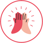 icone minimaliste qui représente deux mains une rouge et une rose qui se tape l'une dans l'autre amicalement, dans un cercle rouge, comme symbole de d'équipe