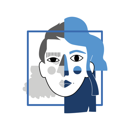Illustration artistique représentant un visage composé de 4 visages différents dans un style abstrait et cubiste, utilisée pour sensibiliser sur les violences intrafamiliales et sexuelles faites aux femmes. L’image joue avec des formes géométriques et des couleurs bleues et grises pour évoquer la dualité, l’identité et la résilience face aux violences subies. Cette œuvre graphique symbolise le soutien et l’accompagnement des victimes.