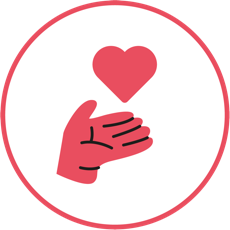 icone minimaliste qui représente une main rouge qui offre un coeur rouge, dans un cercle rouge, comme symbole de don